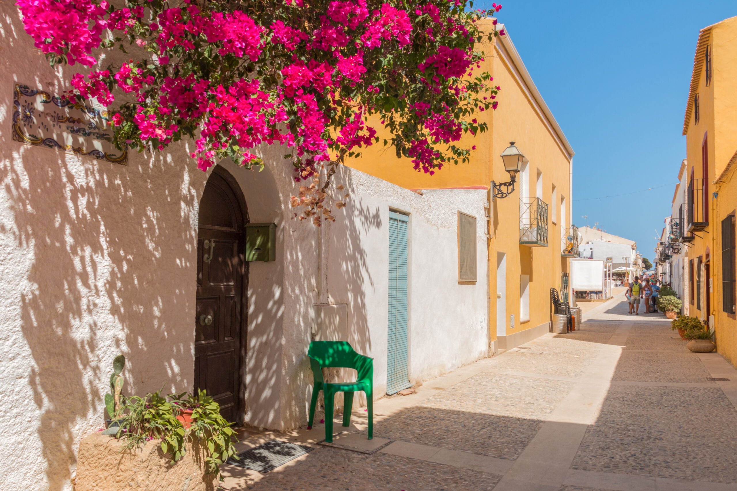 a,stone,street,,colorful,buildings,and,pink,flowers,on,the