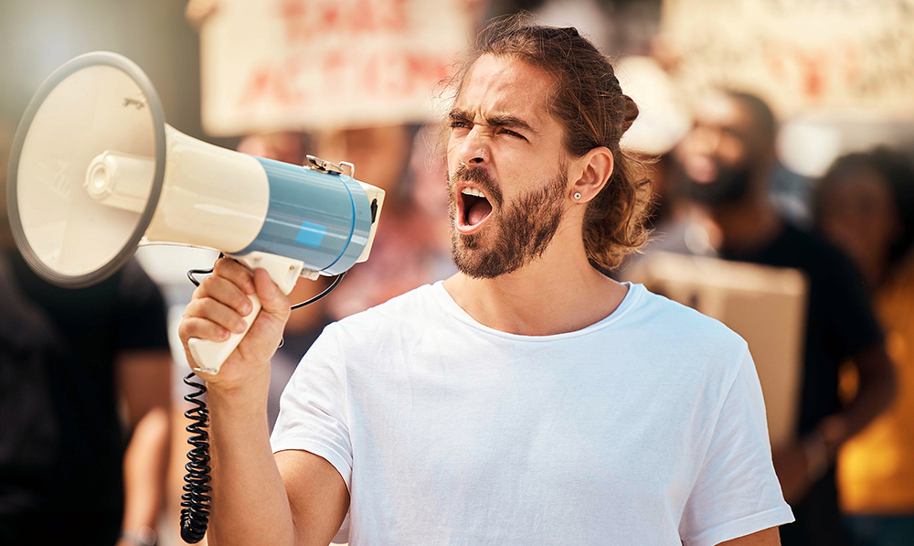 megaphone,,protest,and,man,leader,speaking,at,rally,for,politics,
