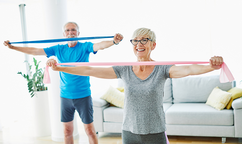 senior,couple,exercise,together,at,home,health,care