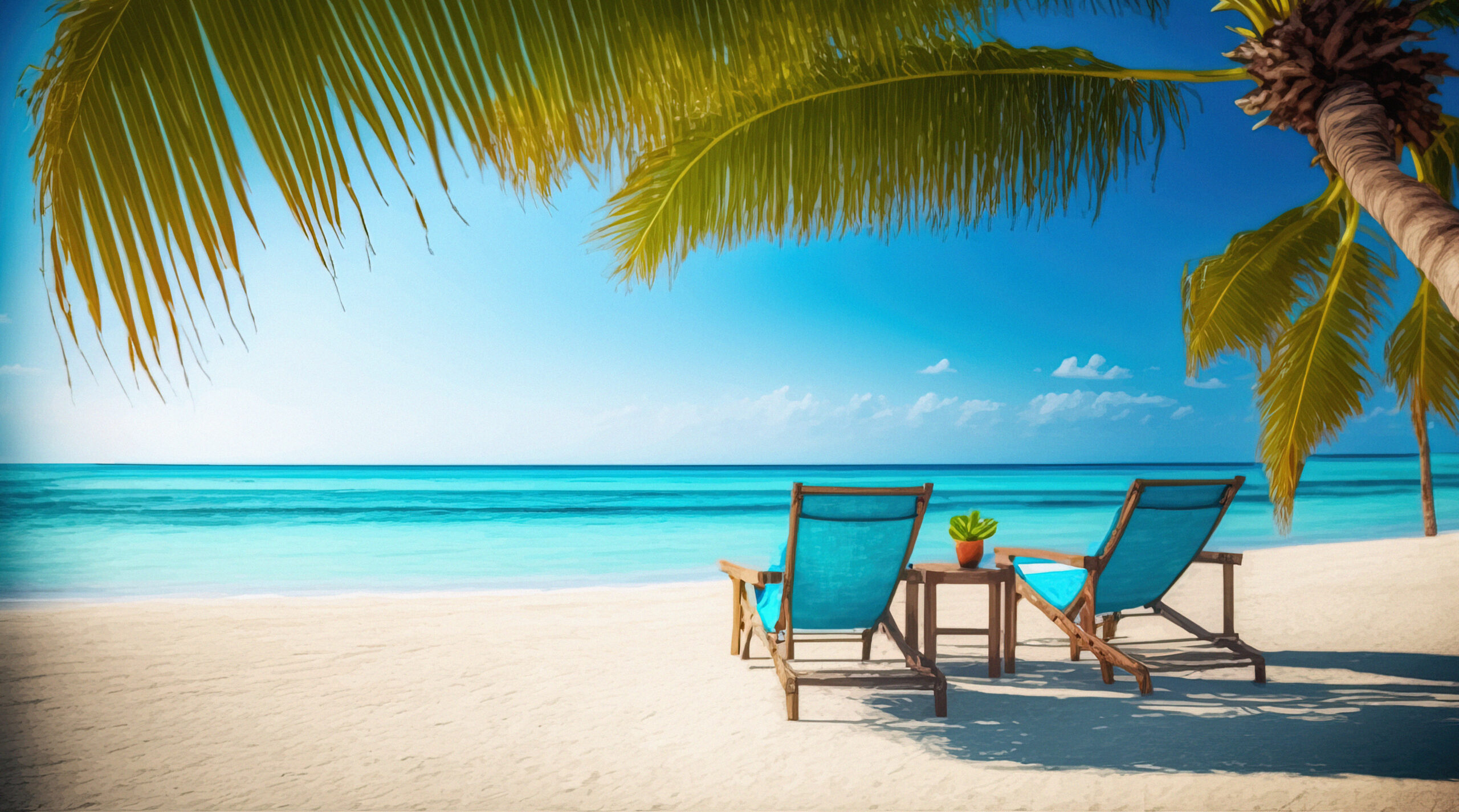 chairs in tropical beach with palms trees, turquoise sea, white sand and sun, very beautiful nature