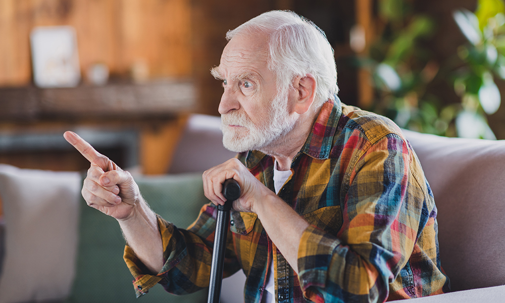 photo,of,nervous,angry,retired,man,dressed,plaid,shirt,holding