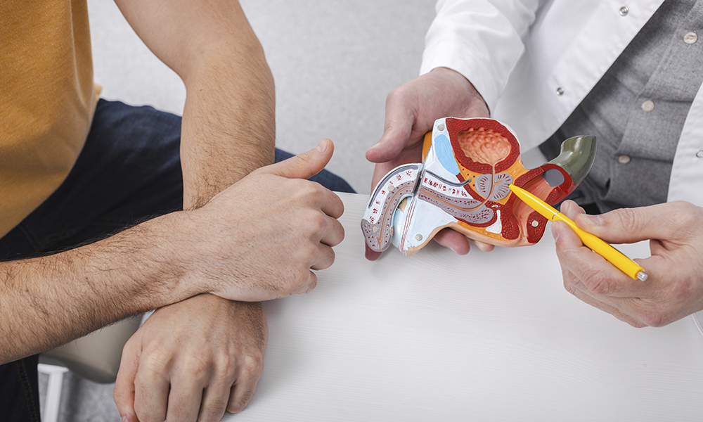 doctor,consulting,man,patient,with,suspected,prostate,cancer,using,male