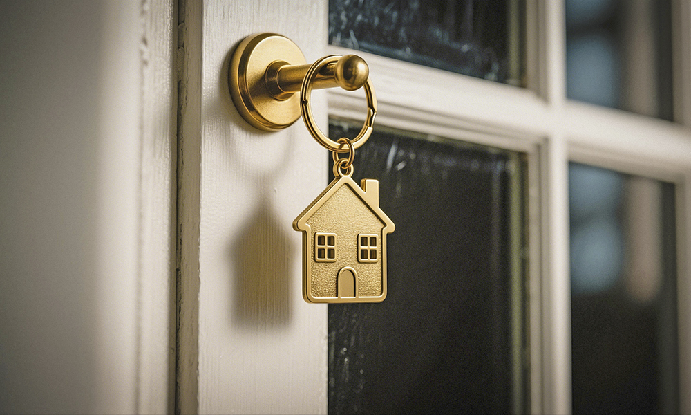 a,golden,house,key,hangs,from,a,doorknob,,symbolizing,homeownership
