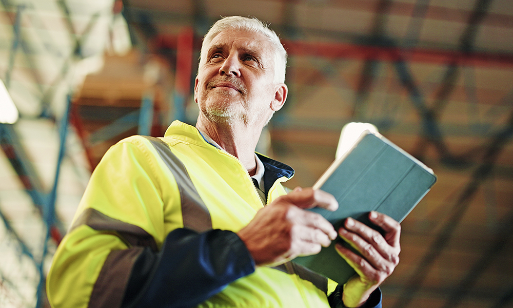 tablet,,planning,and,mature,man,in,warehouse,with,email,for