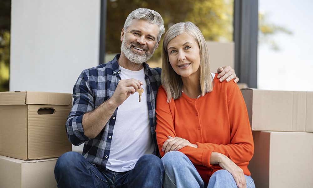 senior,couple,smiling,while,man,holding,keys,celebrating,new,home